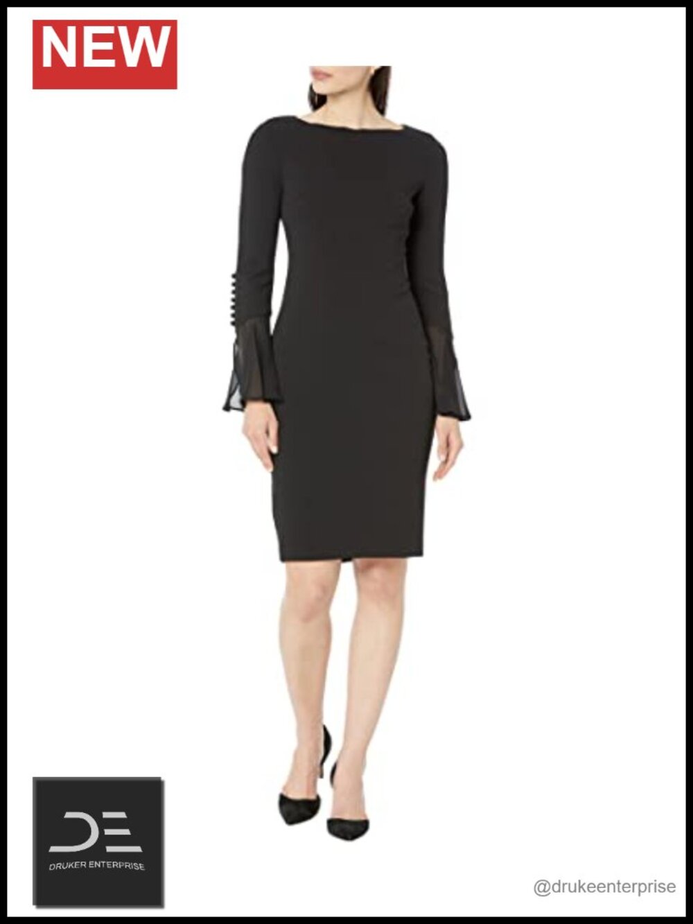 Calvin Klein Chiffon Bell Sleeve Sheath Dress Boat Neck Button Detail